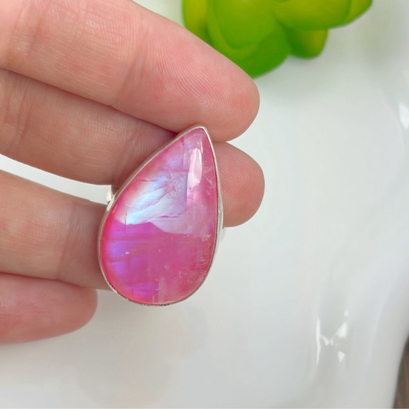 Pink Rainbow Moonstone Ring Size 9 1/4 almost 9.5 Chunky Boho Colorful New 925 - Picture 4 of 11
